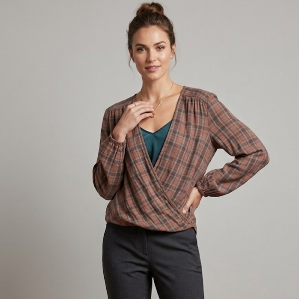 Max Studio Brown Plaid Wrap-Style Blouse